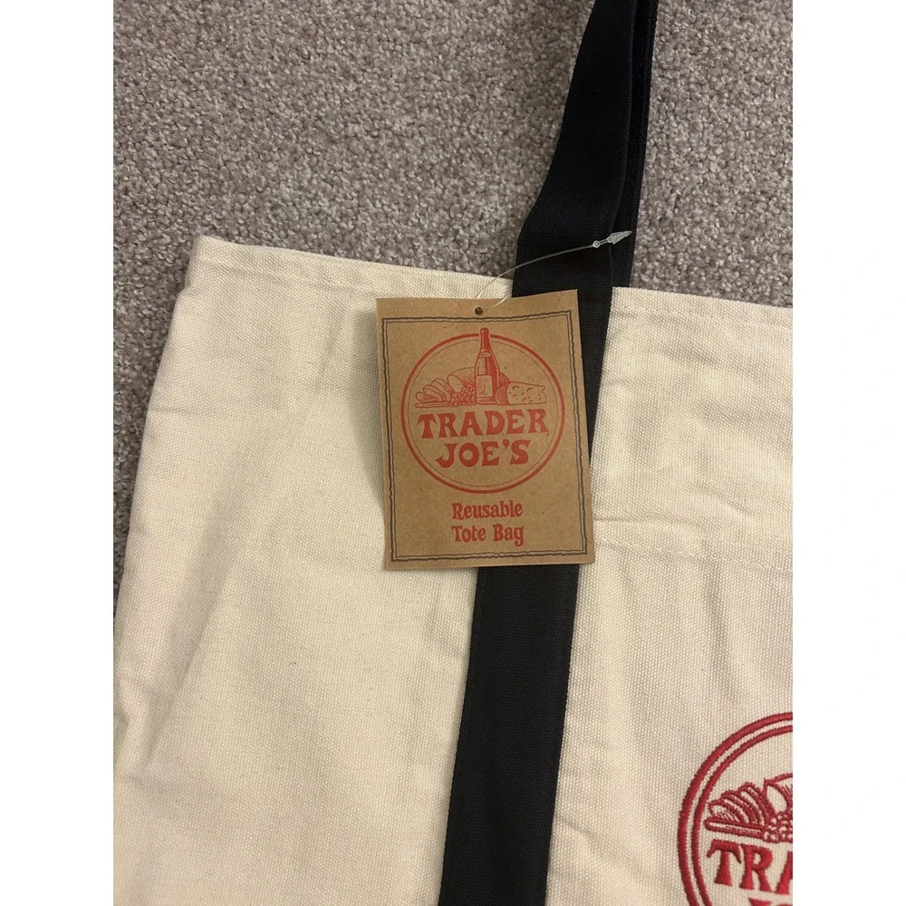 Trader Joe's Reusable Tote Bag Unisex Large Navy Blue Cream NEW Canvas Grocery